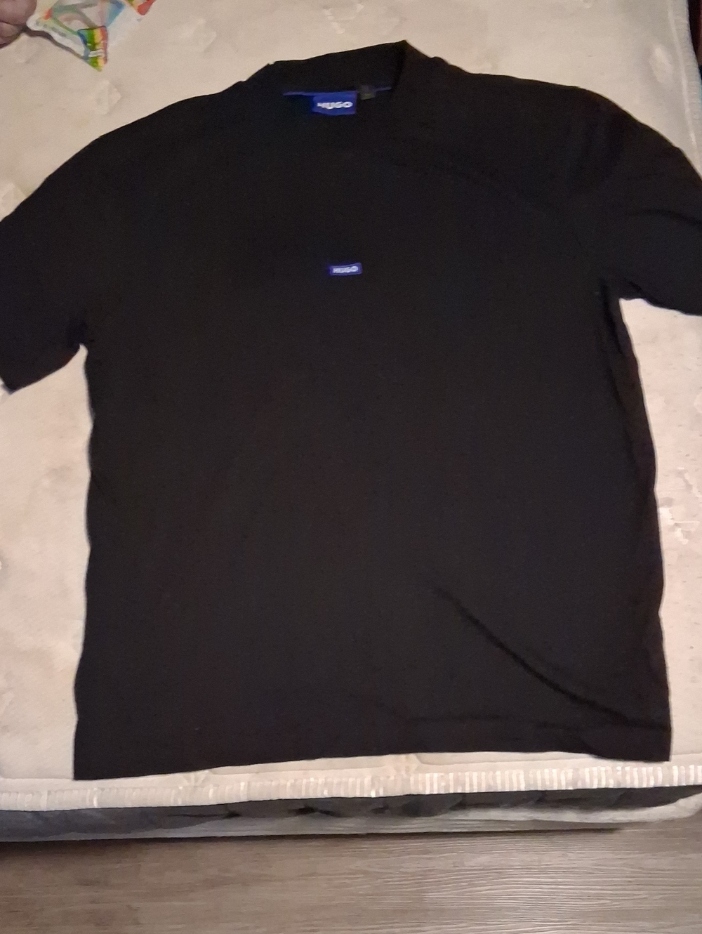 HUGO Black Short Sleeve Tee with Small Blue Logo Patch